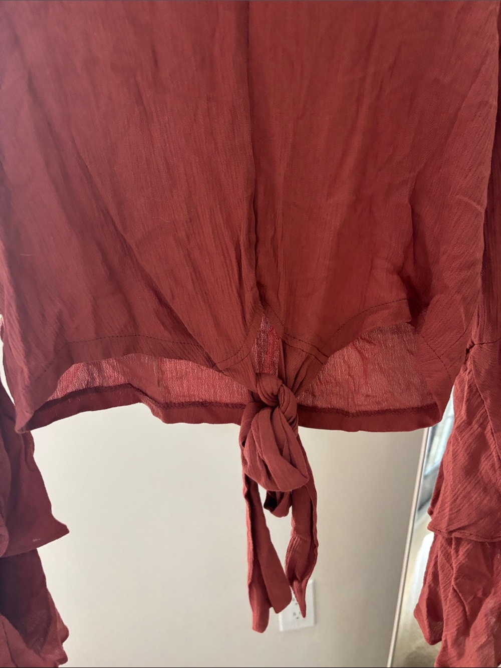 Women's Rust Tie-Front V-Neck Blouse with Ruffle Sleeves - Picture 4 of 4